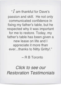 “I am thankful for Dave’s passion and skill.  He not only communicated confidence in fixing my father’s table, but he respected why it was important for me to restore. Today, my father’s table has been given a new lease on life and I appreciate it more than ever...thanks to Nitty Gritty!.”

    ~ R B Toronto

Click to see our Restoration Testimonials