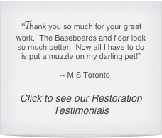“Thank you so much for your great work.  The Baseboards and floor look so much better.  Now all I have to do is put a muzzle on my darling pet!”

    ~ M S Toronto

Click to see our Restoration Testimonials